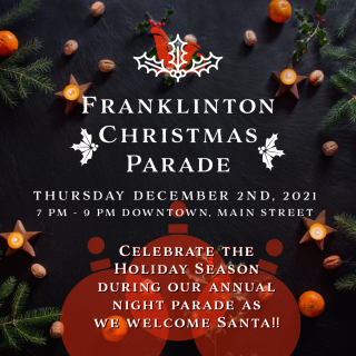 Christmas tree branches surrounded by lights on a flyer with Franklinton Christmas Parade details.