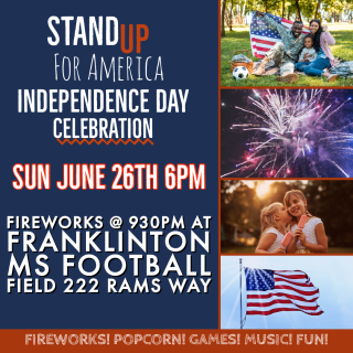 Flyer showing fireworks, families hugging and the American flag, with the details of the Independence Day Event.