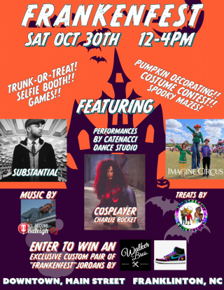 Orange and Purple flyer featuring acts featured during Frankenfest.