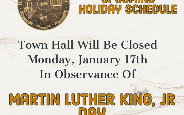 flyer with white background, gold lettering and town seal stating town hall closure.