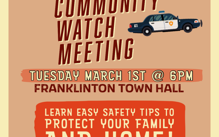 Multi-colored flyer with a police car promoting community watch meeting.