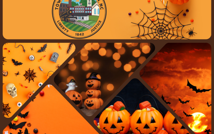 Picture of a jack-o-lantern, bats and candy corn with the Town of Fraklinton logo.
